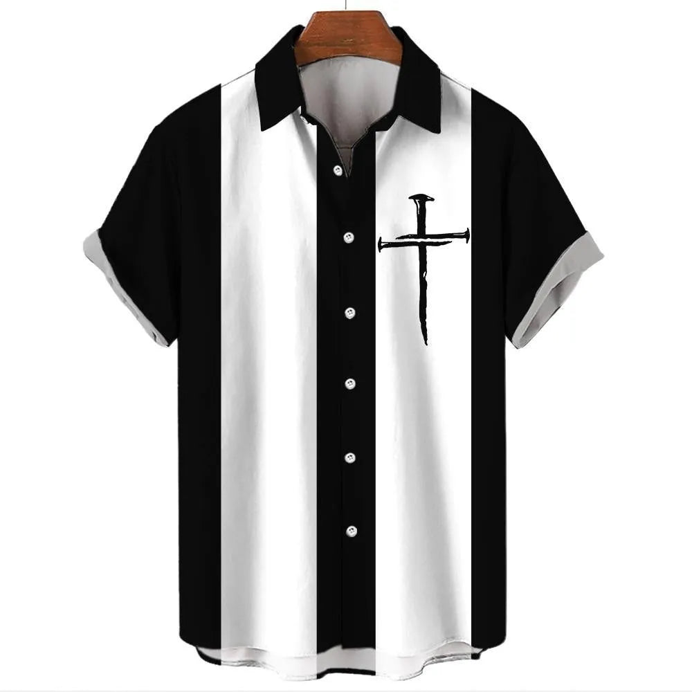 Men's striped Hawaiian casual short sleeve shirt in polyester fabric on a hanger