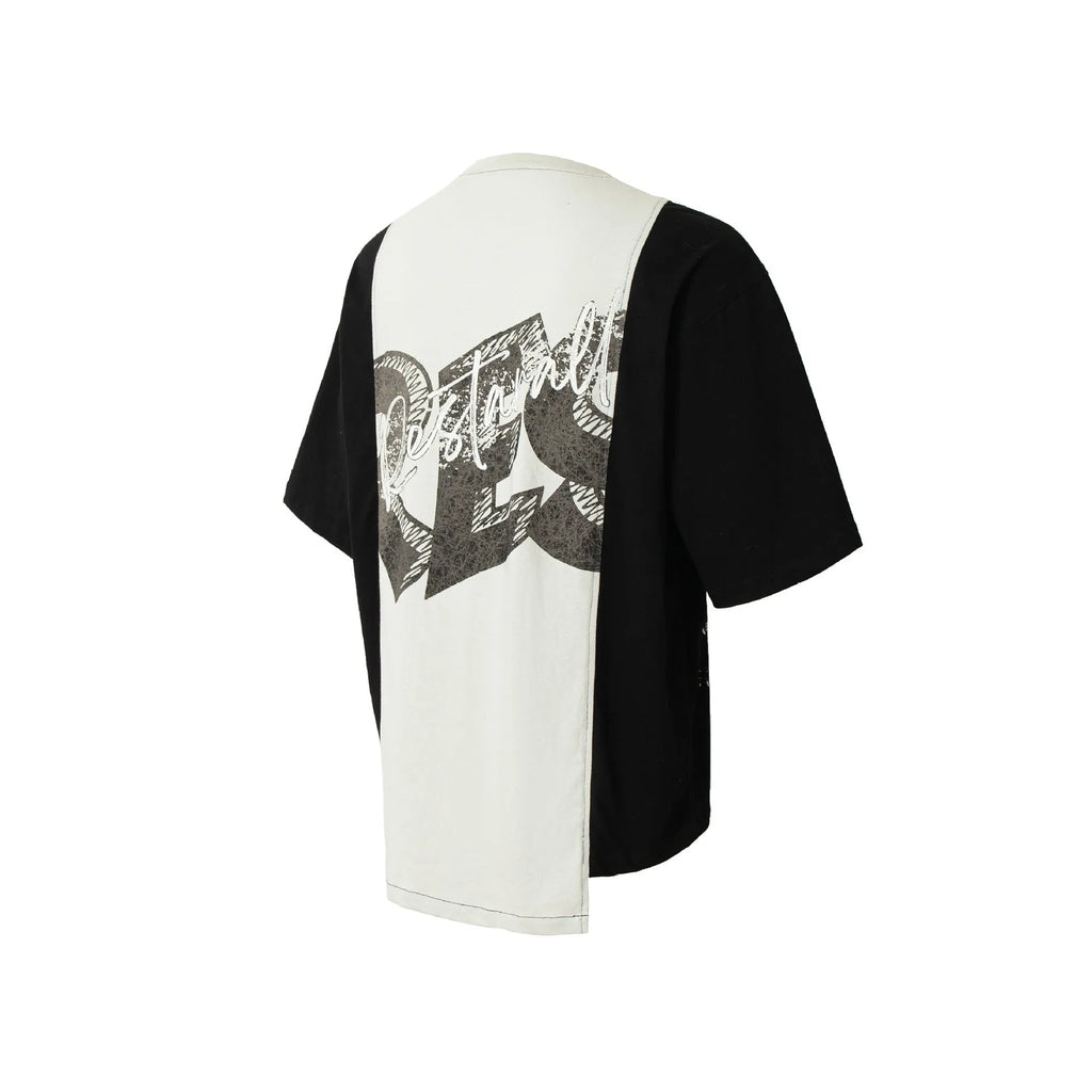 Men's black and white deconstruction print cotton blend t-shirt with short sleeves and loose fit.