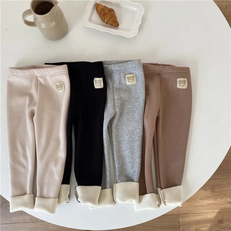 Girls' fleece-lined high-waist leggings in beige, black, brown and grey colours with wool lining