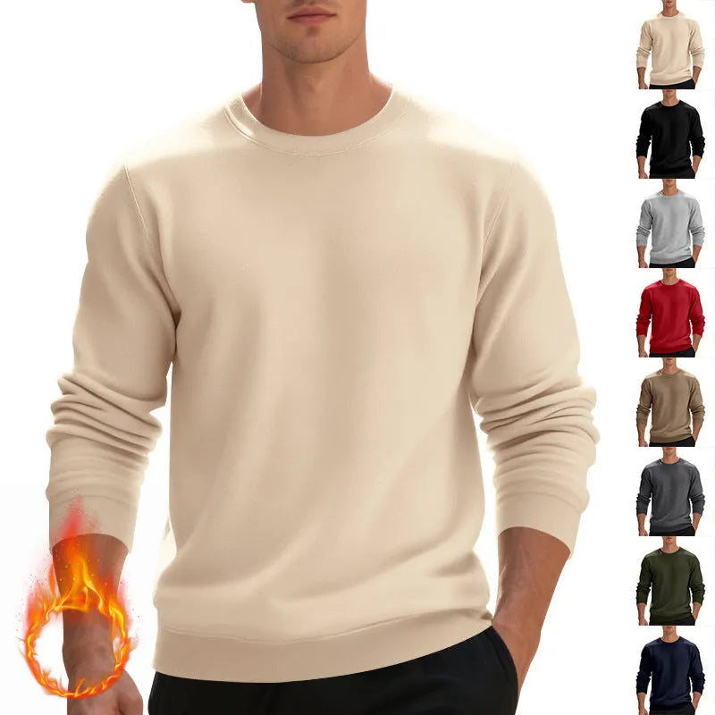 Men's fleece-lined crew neck sweater in black, loose fit, long sleeves, pullover style