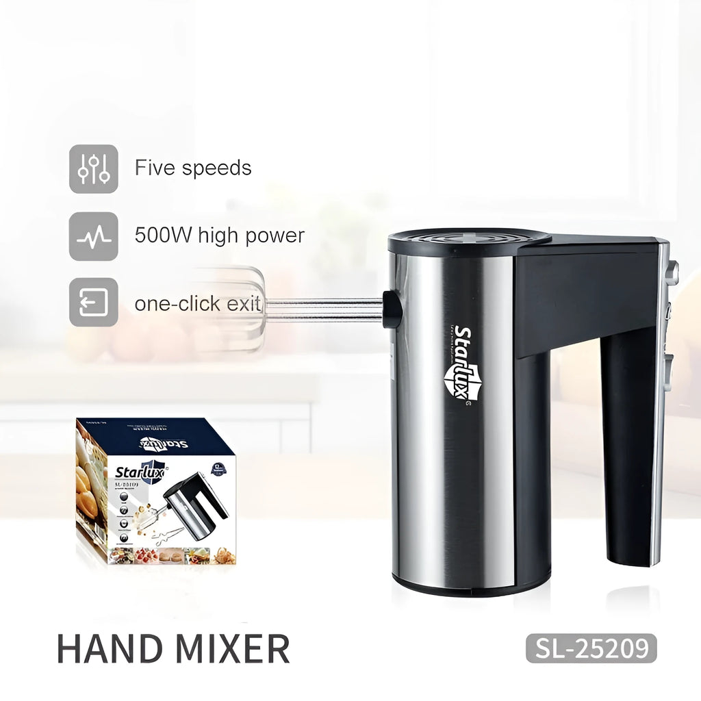 SL-25209 model 500W electric hand mixer with five-speed control and dual voltage compatibility