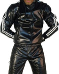 Men's black hooded sports set with PU leather jacket and trousers for autumn athletic activities