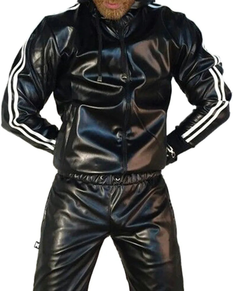 Men's black hooded sports set with PU leather jacket and trousers for autumn athletic activities