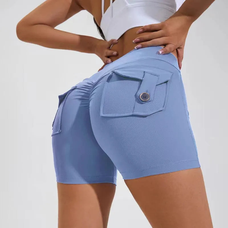 Women's high waist fitness shorts in quick dry nylon fabric with side pockets for summer sports