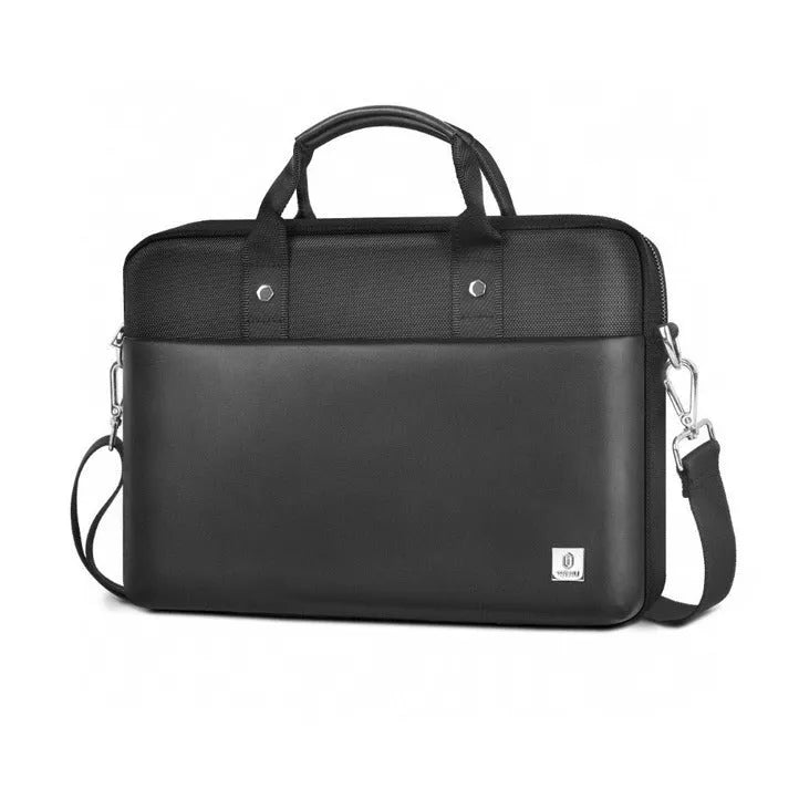 Black Oxford cloth laptop handbag showing multi-pocket organisation and expansion feature.