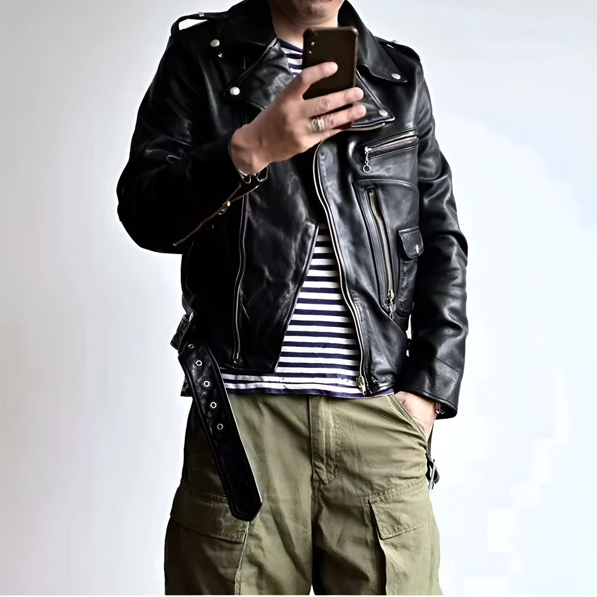 Men's black horse leather motorcycle jacket with acetate lining, plain pattern, sizes S to XXL