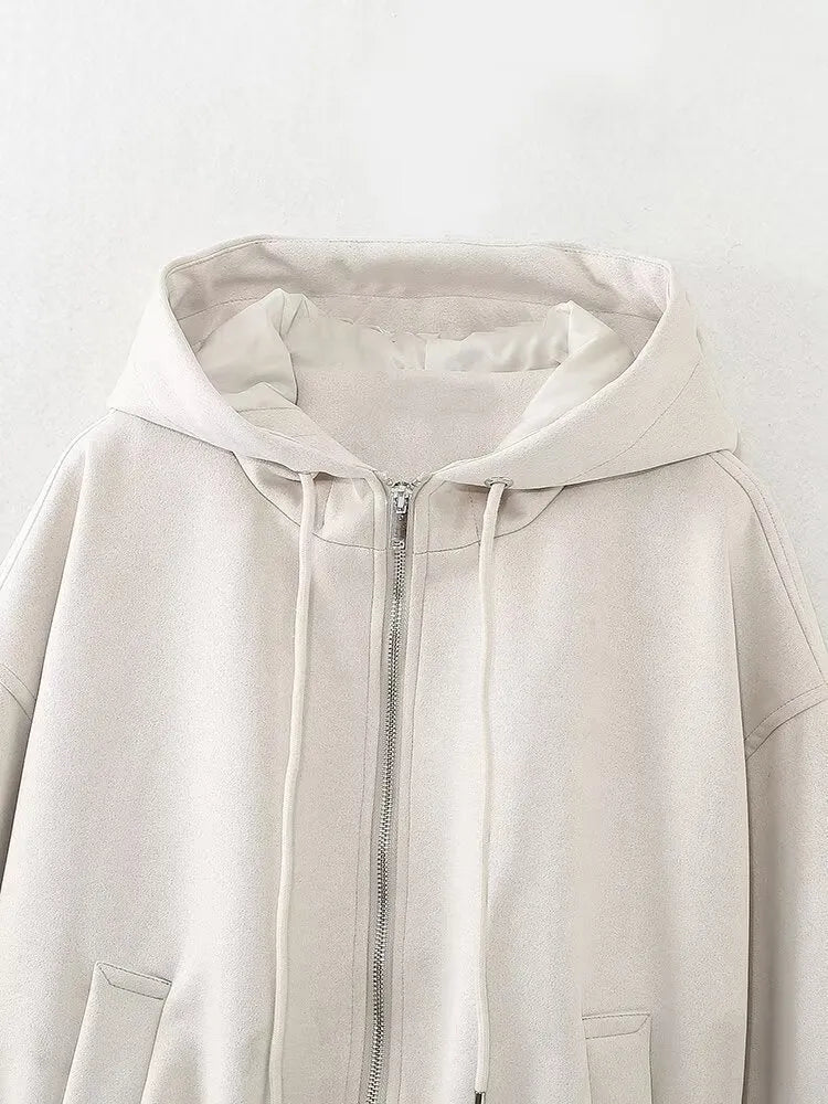 Women's suede hooded jacket in black or white colour with Asian sizing from XS to L
