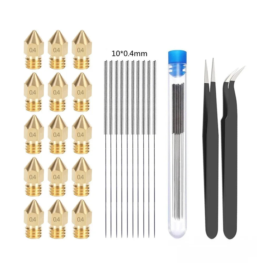 MK8 brass 3D printer nozzles and stainless steel cleaning pin kit with M6 thread