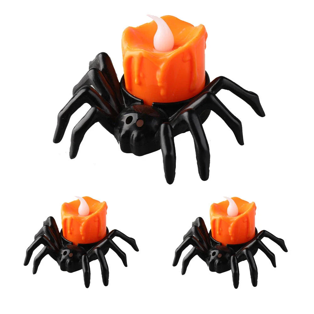 Spooky spider-themed candle holders with flickering flame effect for Halloween decor