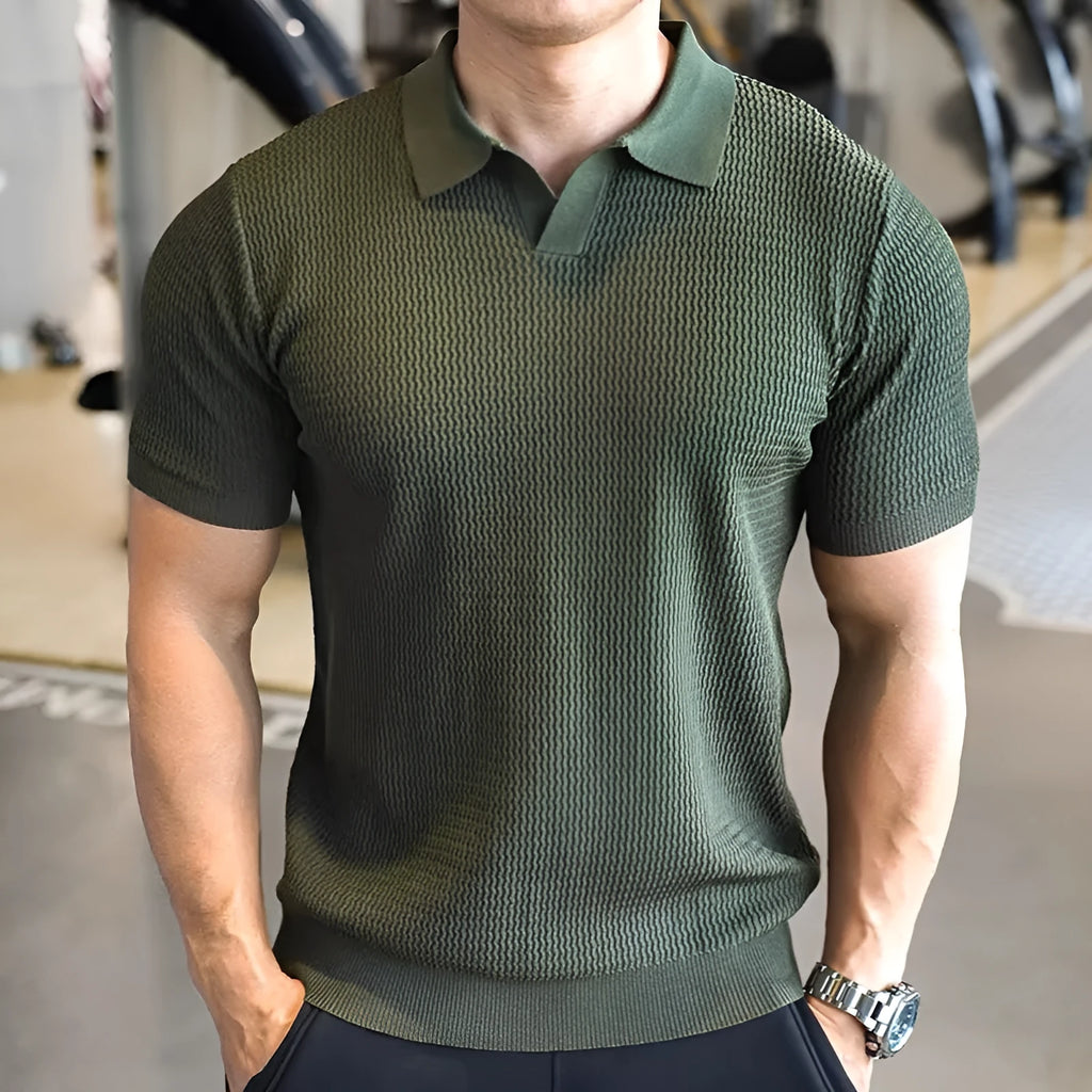 Men's slim fit Henry collar polo shirt in thin polyester fabric, shown in solid colours.