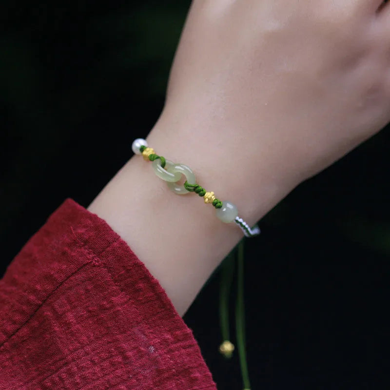 DIY woven bracelet with Hetian jade beads and flexible wire in hollow-out national tide design