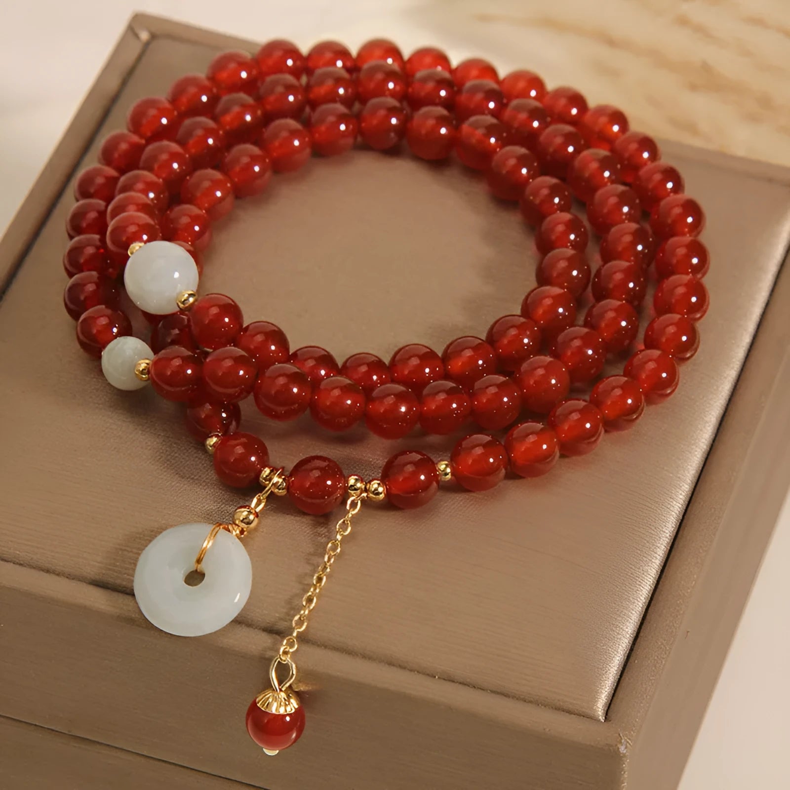 Women's multi-layer crystal bracelet with red agate stones in retro ethnic style