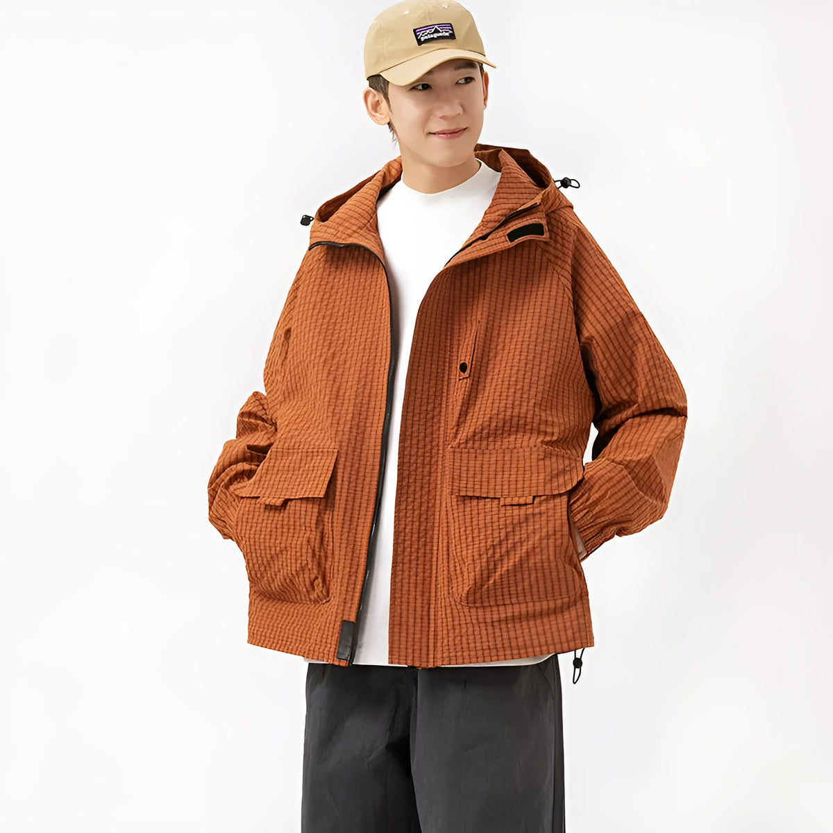 Men's hooded assault jacket in black, purple, green or caramel, loose polyester workwear coat with side pockets, sizes S-3XL
