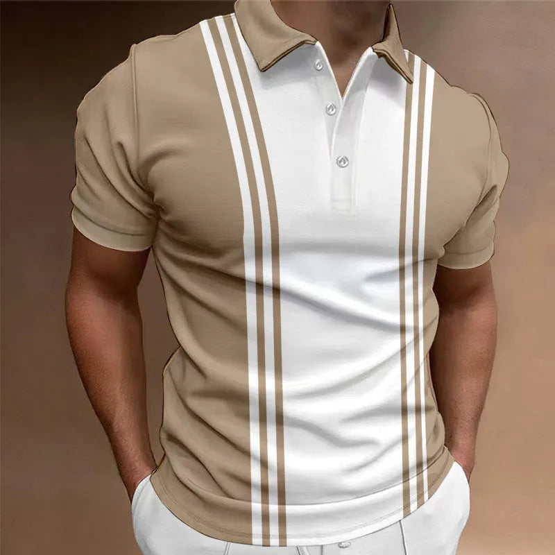 Men's loose-fitting casual t-shirt with a 3-button printed lapel detail and short sleeves.