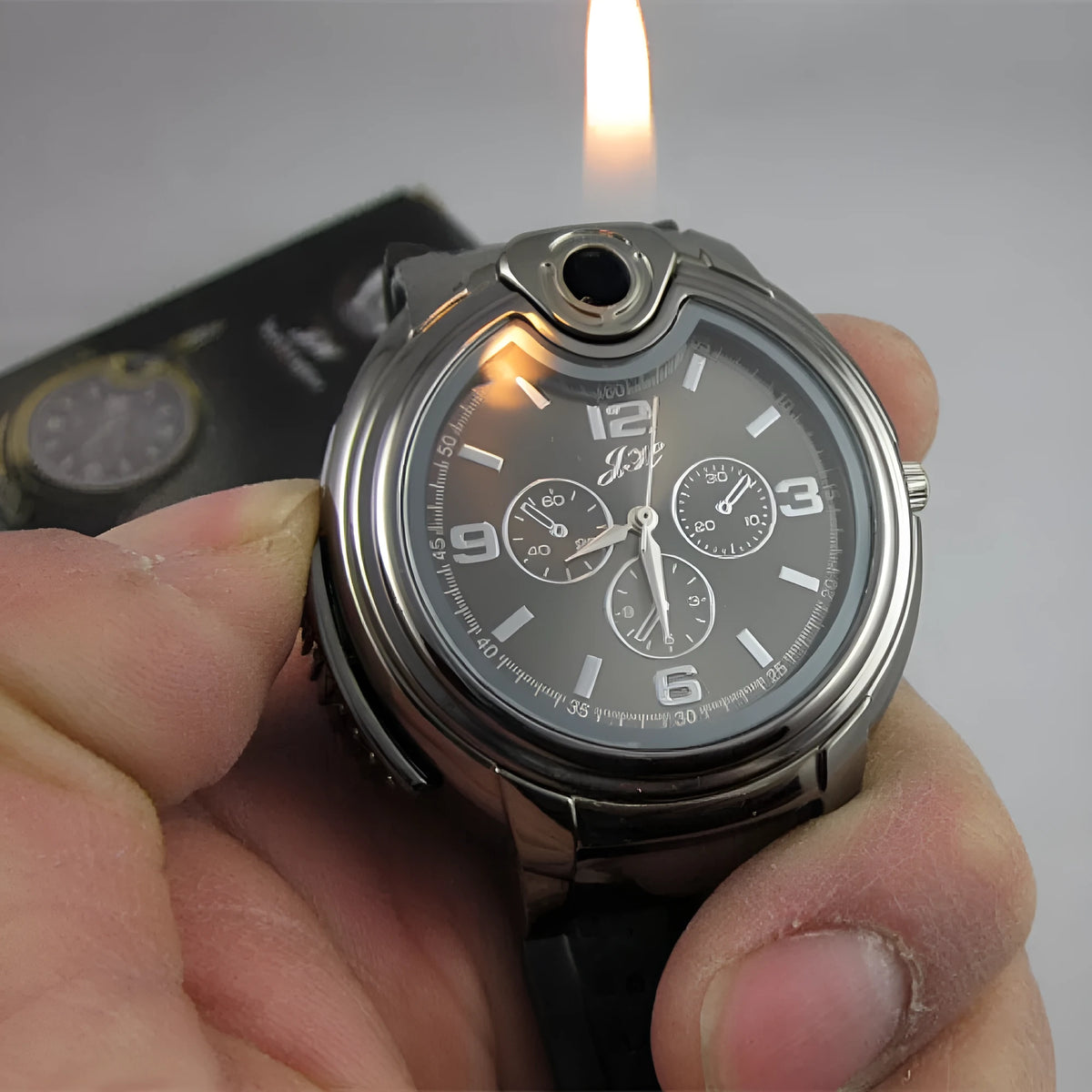 Electronic hand indicating fire lighter in metal body with butane fuel, available in black or white colour