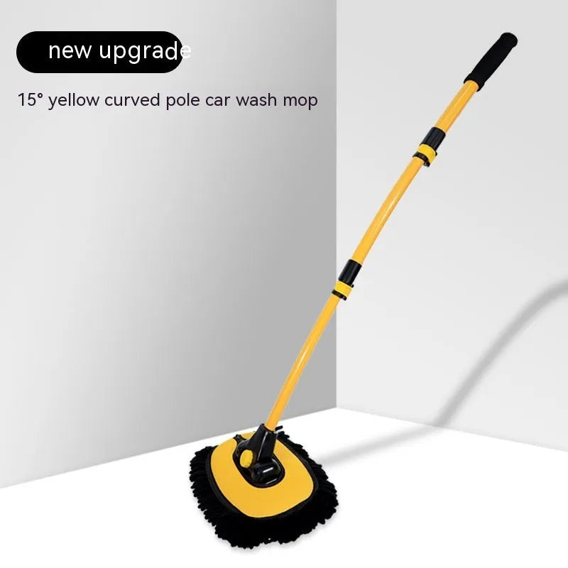 Telescopic curved aluminium car cleaning brush with soft chenille head, shown in yellow and blue colour options.