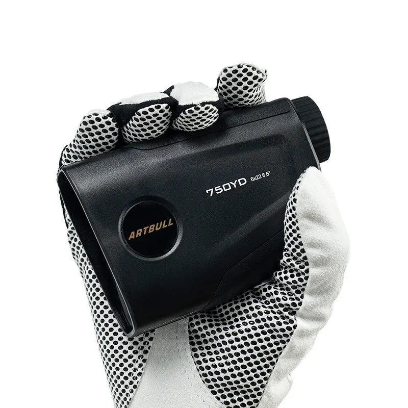 Golf laser rangefinder with slope compensation and flag vibration lock showing LCD display and measurement modes