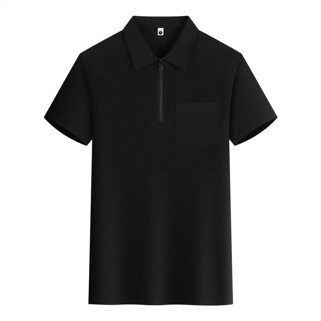 Short sleeve nylon promotional shirt with zippered pockets on the lapels, shown in Silver Fox Grey.