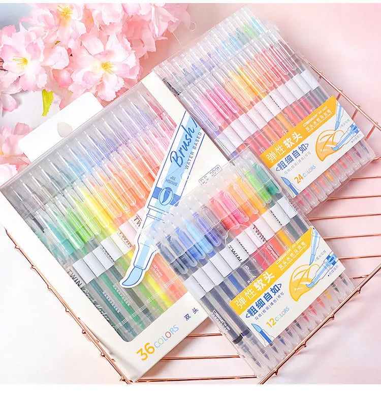 Calligraphy art hair note pen set with 12 coloured fine tip markers on white background