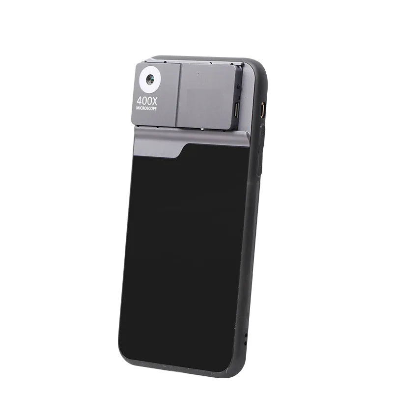 Black and silver 400X mobile phone microscope lens with aluminum alloy TPU case for iPhone.