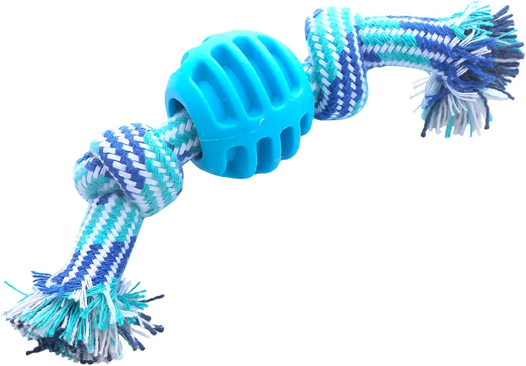 Blue dog chew toy with rope strands and molar cleaning textured surfaces