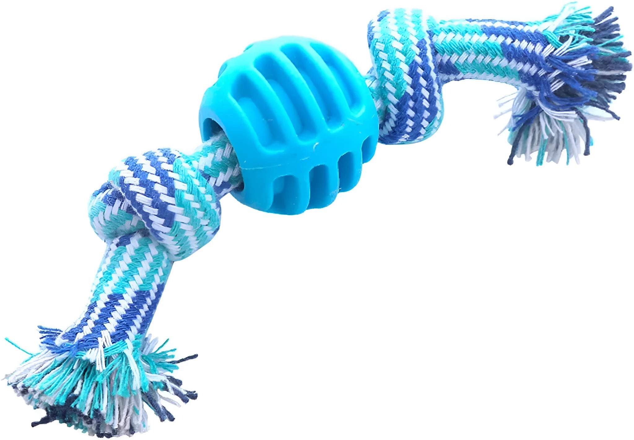 Blue dog chew toy with rope strands and molar cleaning textured surfaces