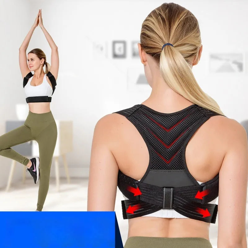 Black adjustable anti-humpback posture correction belt shown on a model, highlighting the straps and upper back coverage.
