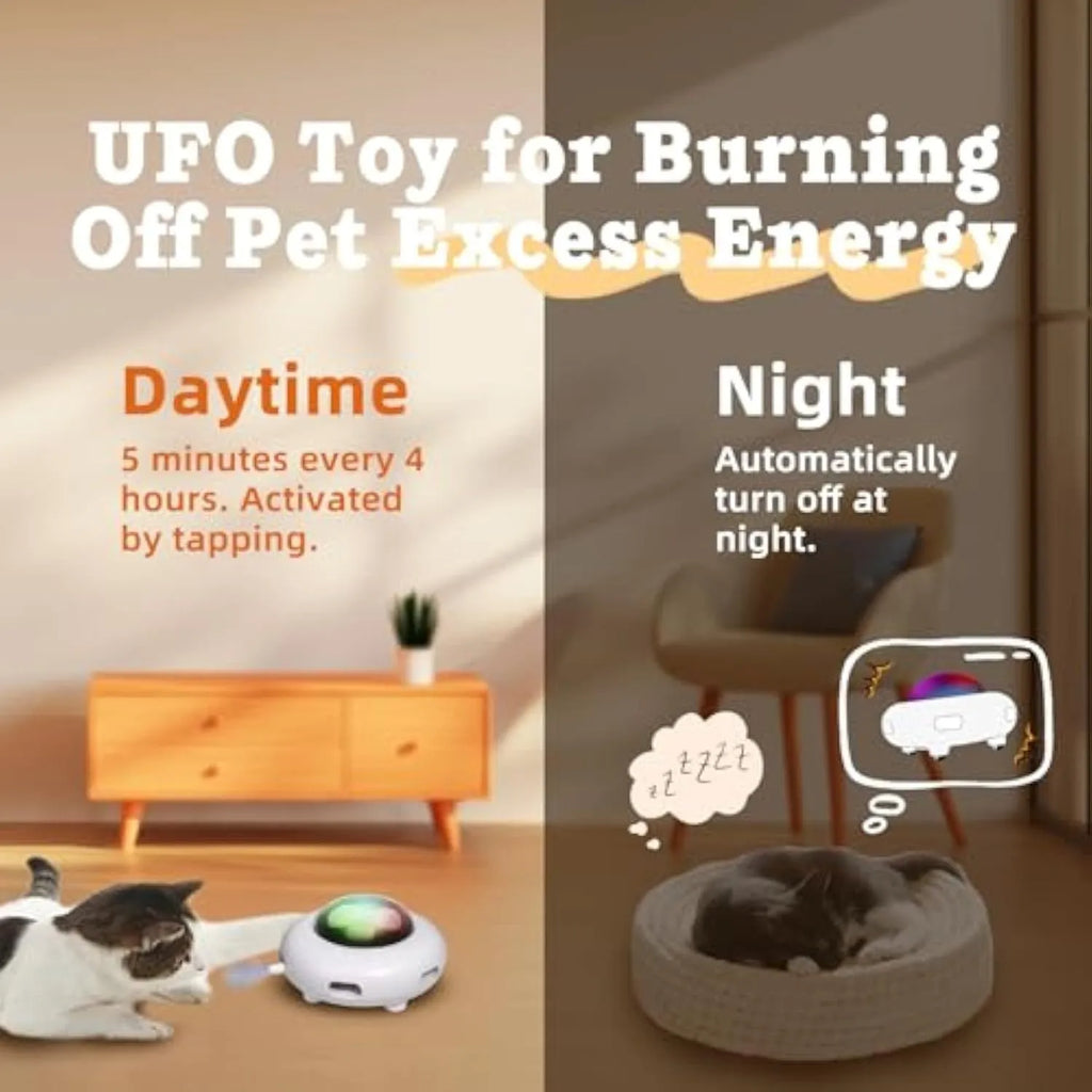 White automatic cat toy with feathers and cleaning ring on floor