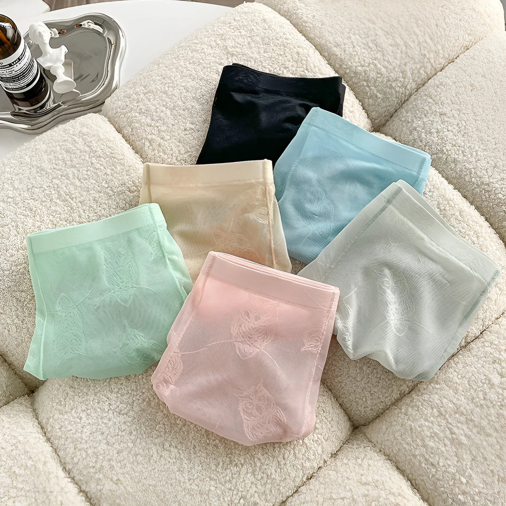 Men's ice silk seamless boxer briefs in mint green, black, light pink, light coffee, cyan, and sky blue