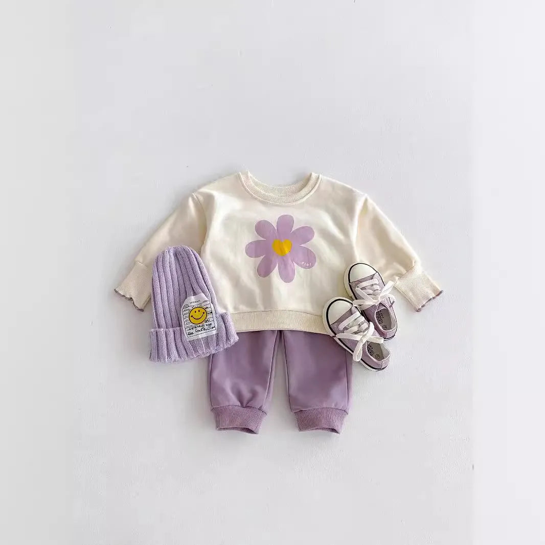 Purple baby girl two-piece set with flower sweatshirt and sweatpants in cotton, sizes 73cm to 110cm