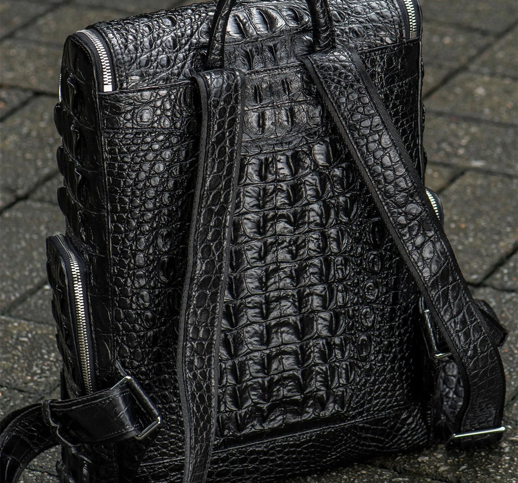 Kurayoshi handmade crocodile leather vertical square backpack with double shoulder straps and zipper closure