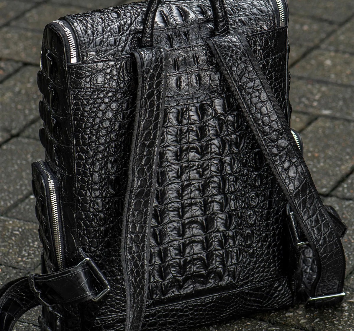 Kurayoshi handmade crocodile leather vertical square backpack with double shoulder straps and zipper closure