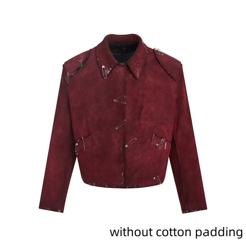 Red men's quilted jacket with decorative pin design and lapel collar, loose fit styling