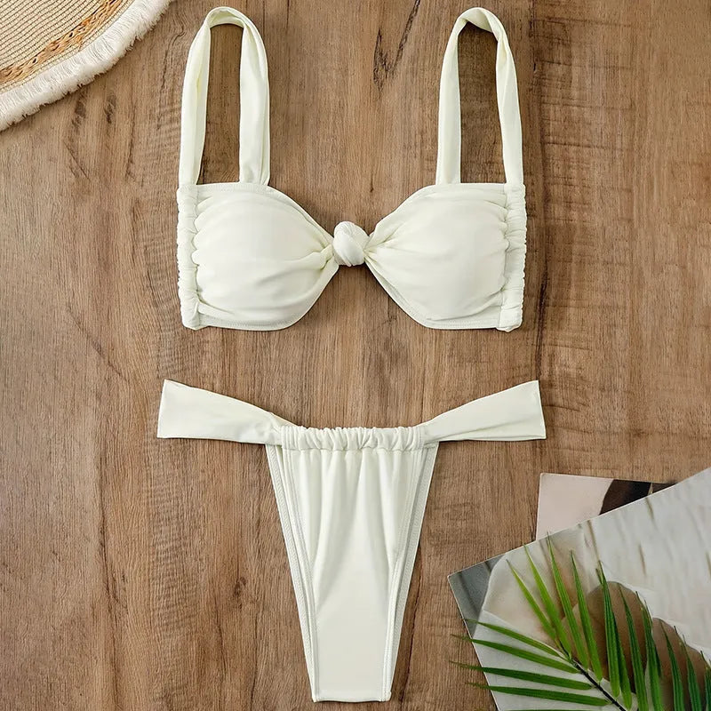 Women's solid white lacing sling split swimsuit with backless design for swimming