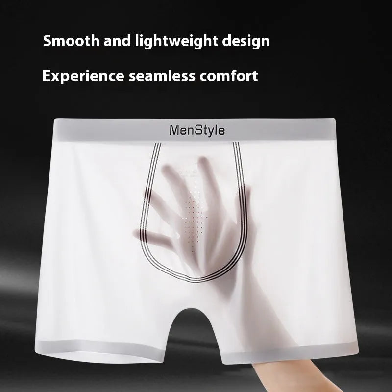 Men's seamless satin ice silk boxer shorts in dark grey, showing mid-waist and single-layer construction.