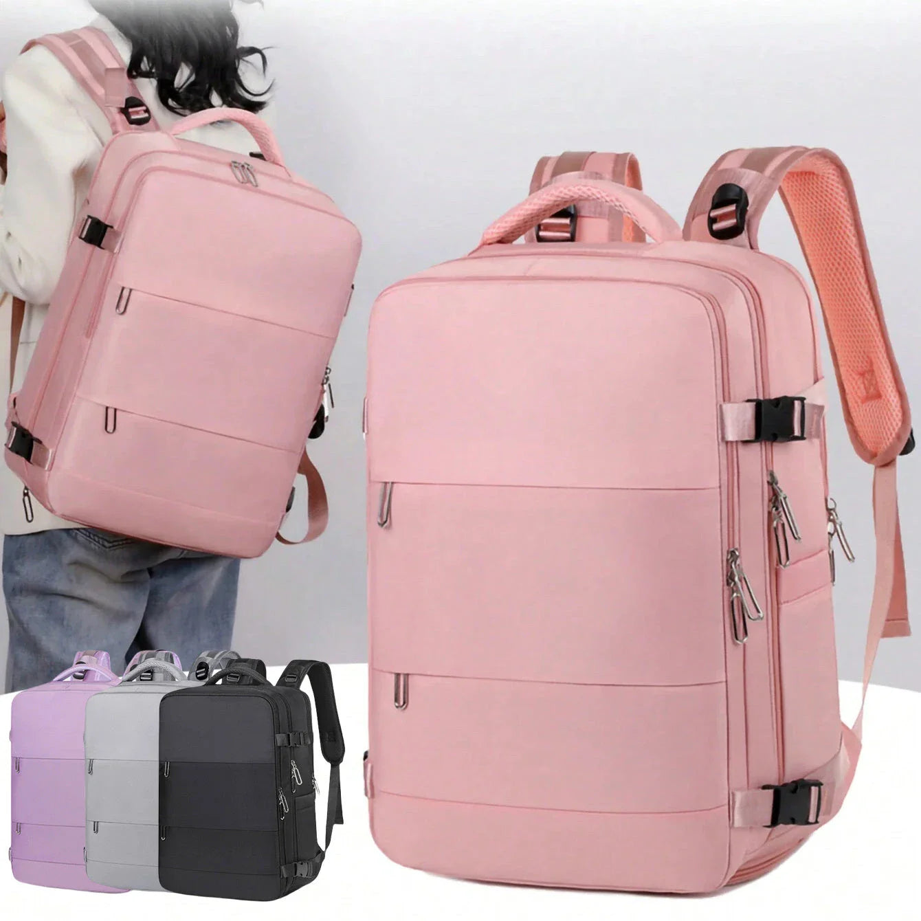 Stylish women's travel backpack with large capacity, separate wet and dry compartments, and a sleek, minimalist design