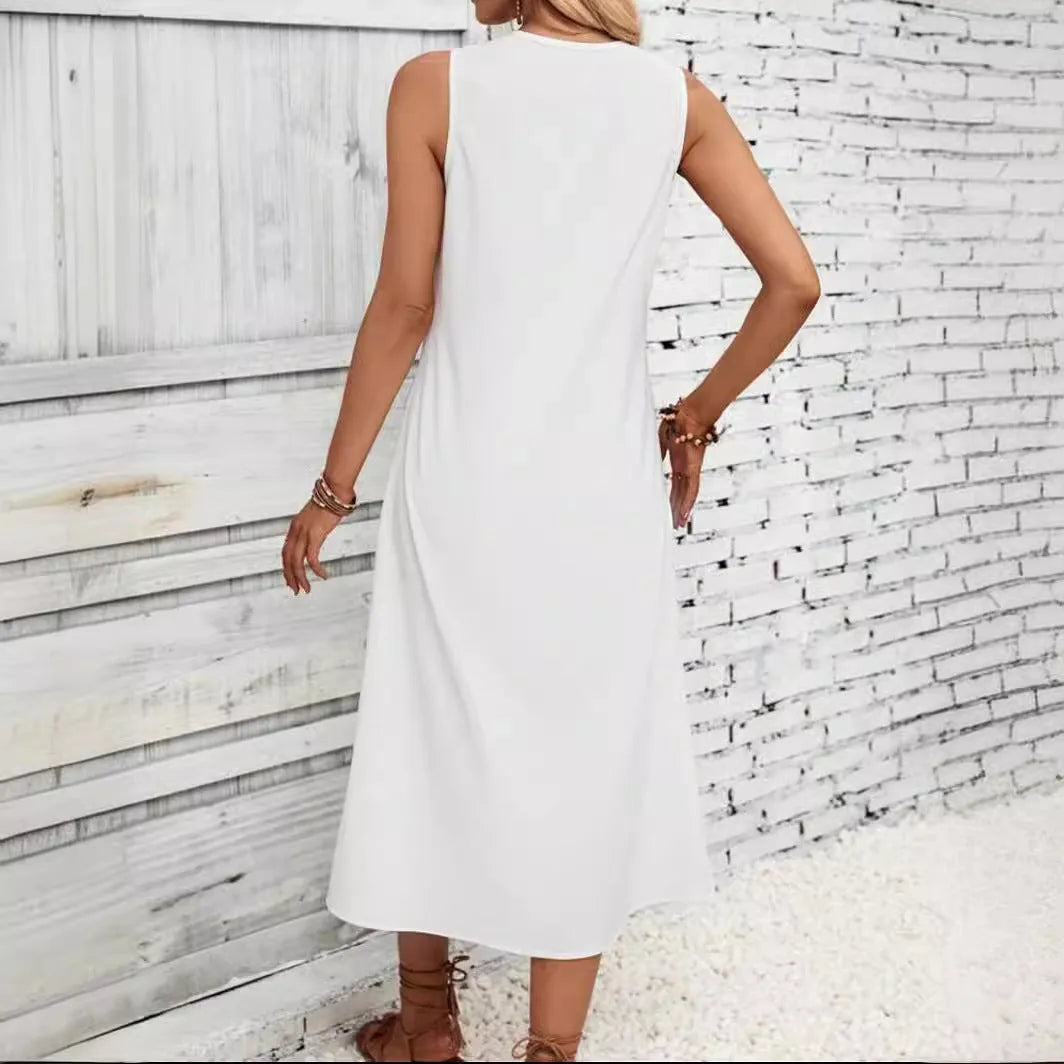 Women's sleeveless lace long patchwork dress with A-line skirt and crocheted flowers in white or black