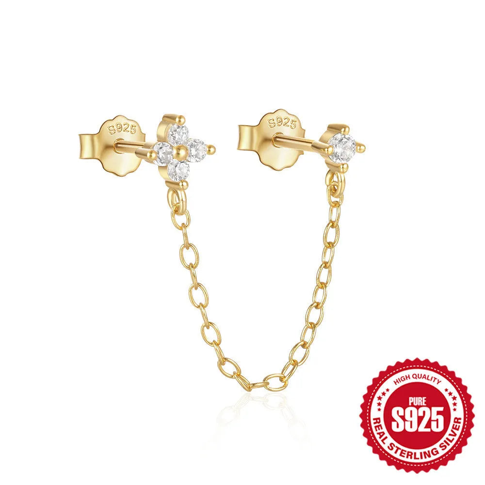 S925 sterling silver ear clip stud earrings with flower, tassel, and chain design in golden colour