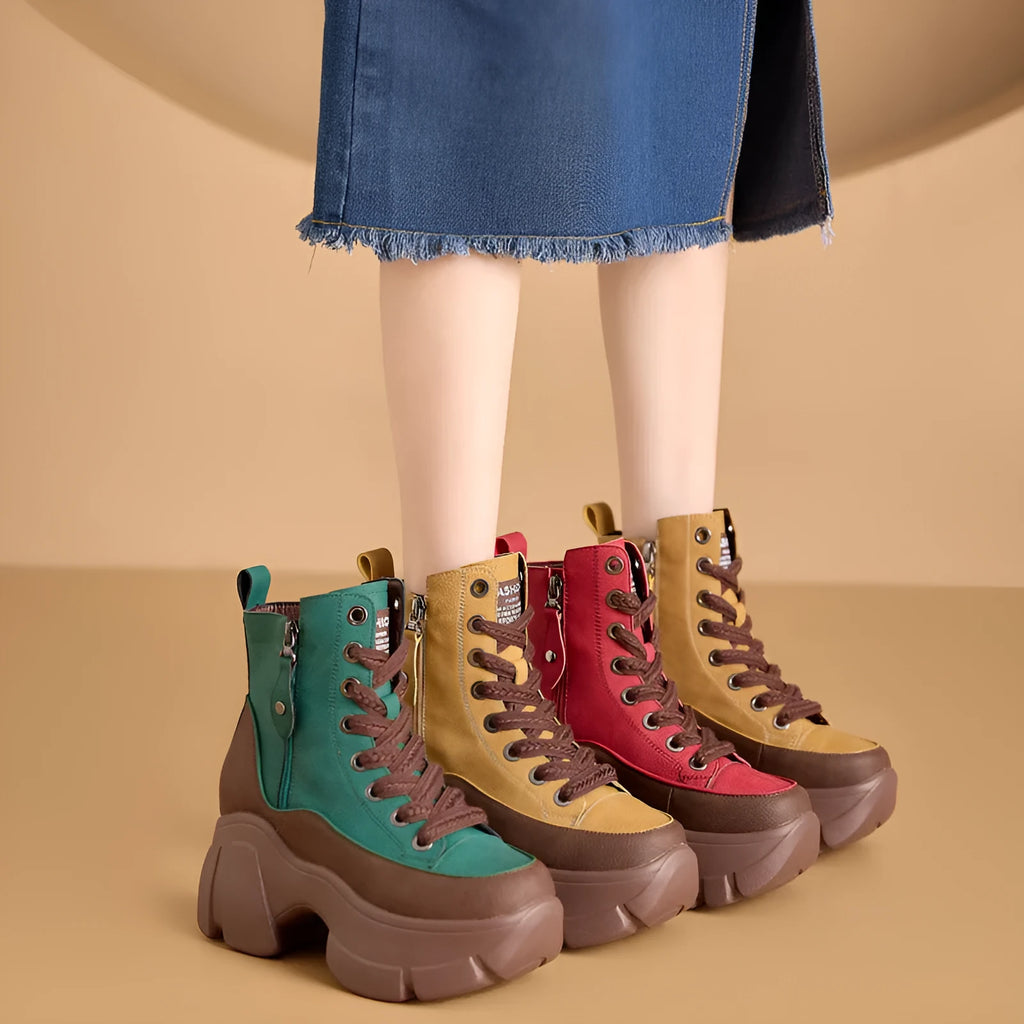 Women's retro small casual short boots in two-layer cowhide with wedge heel and elastic band, sizes 34-39