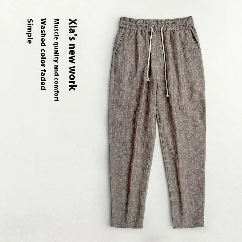 Men's striped linen summer trousers in cropped length with cotton-linen blend fabric