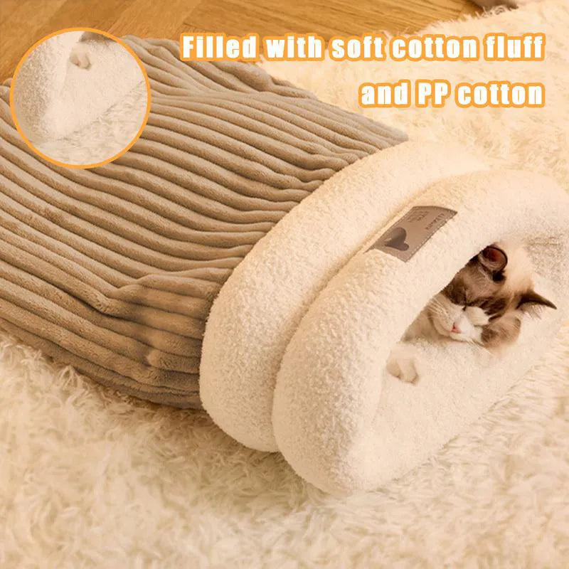 Brown semi-enclosed pet sleeping bag with plush interior for cats and dogs