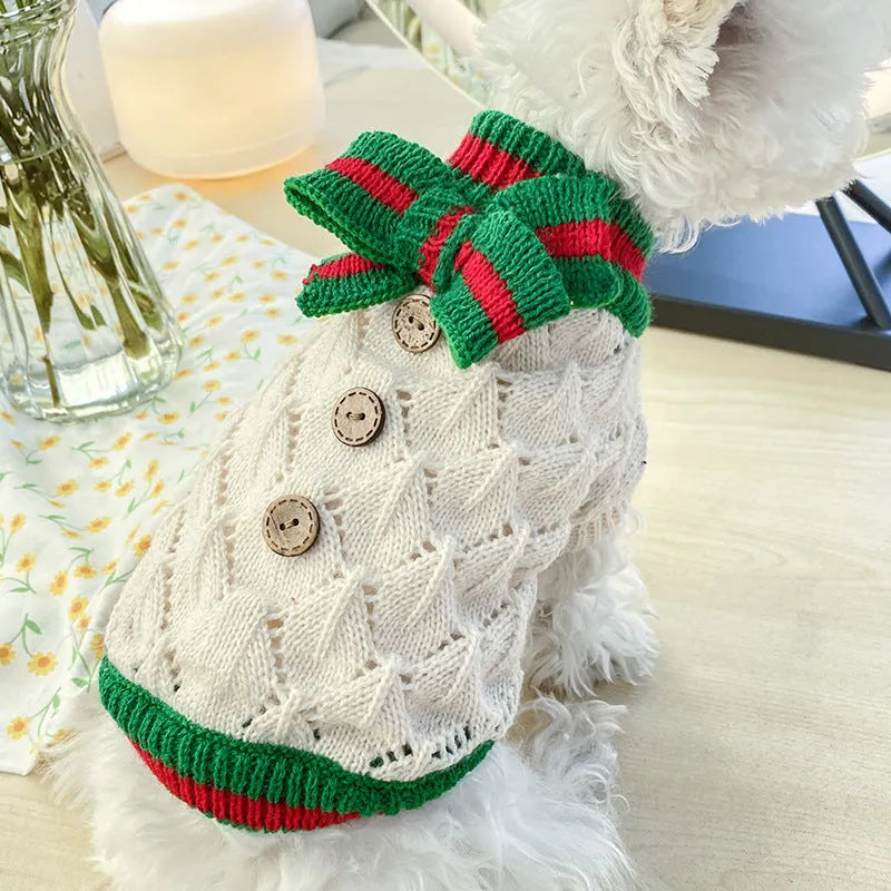 Bowknot hollow knit dog sweater in coffee white colour on a small dog, polyester fabric, lattice pattern