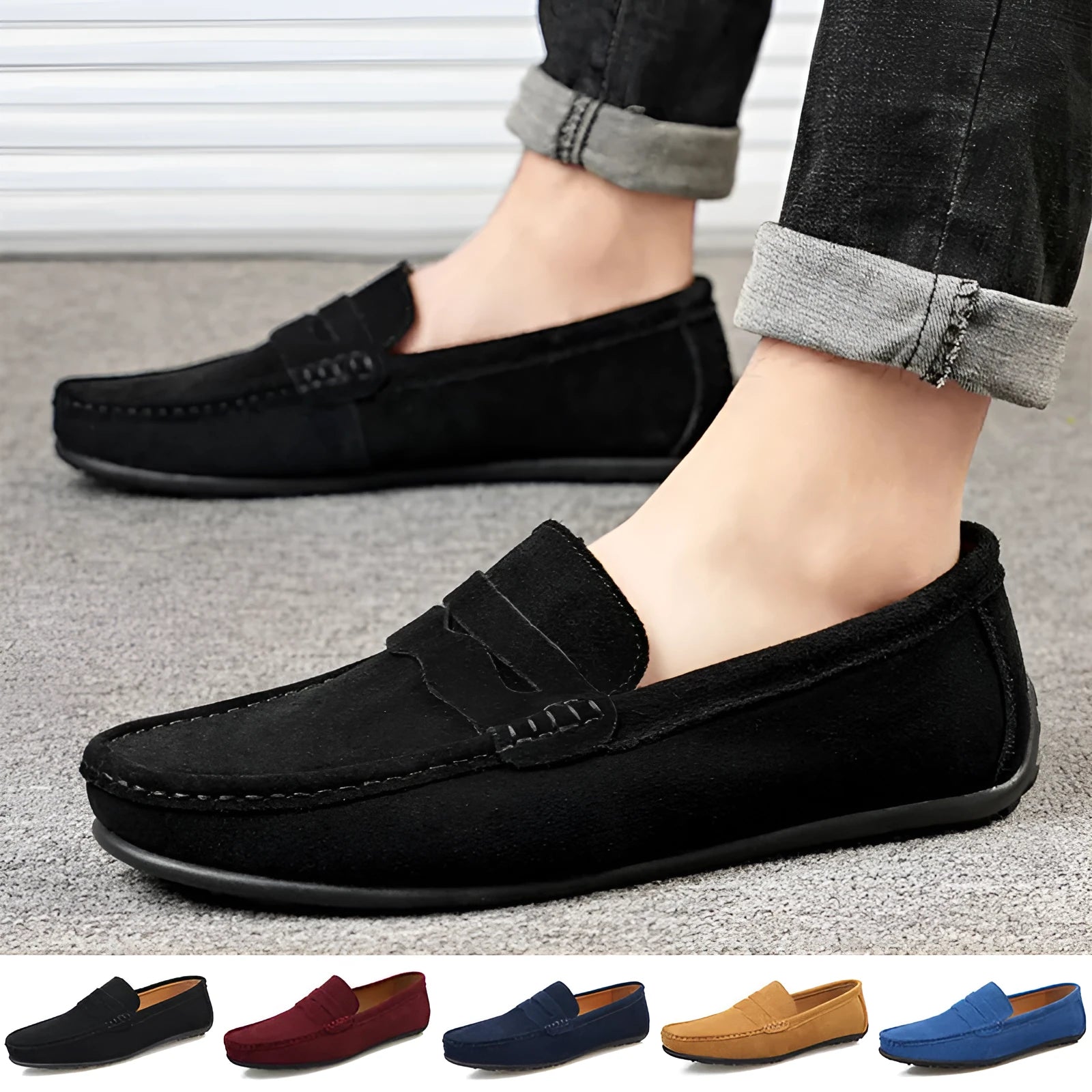 Men's brown suede slip-on loafers with round toe and flat rubber sole on a white background
