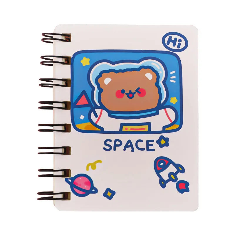 Astronaut flipped portable pocket flipper notebook showing space-themed cover designs at 10.5x8cm