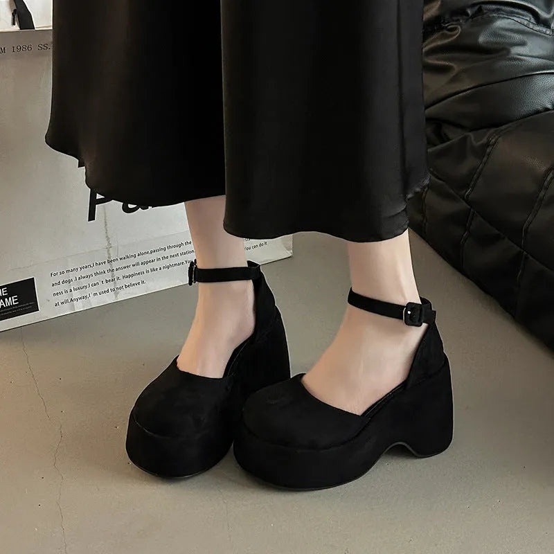 Women's closed toe court shoes with suede upper, thick short stout heel over 8cm, round toe, black or khaki