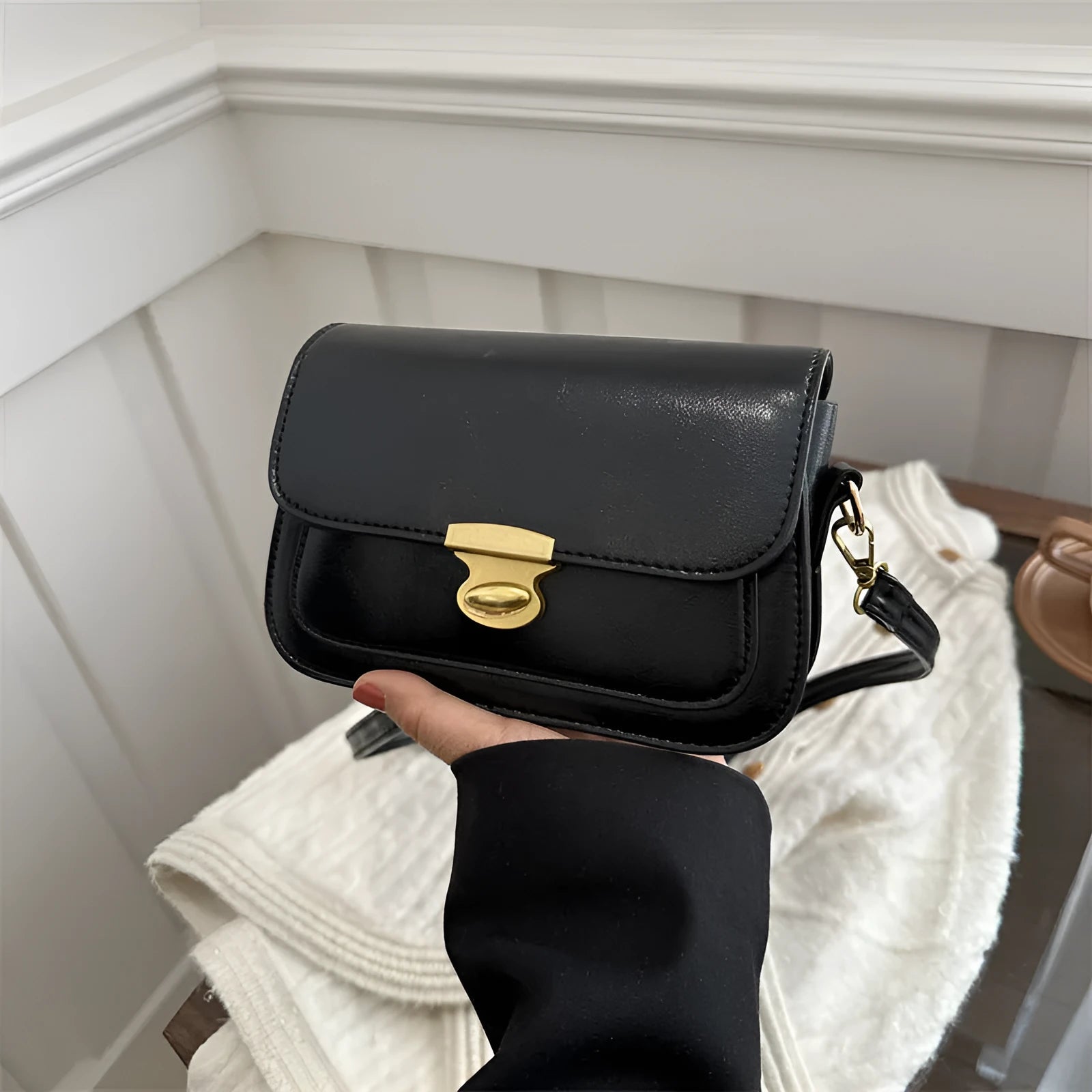 Retro small square handbag in soft brown PU leather with horizontal orientation