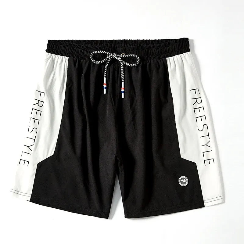 Men's loose five-point beach pants in black polyester with nylon lining, quick-dry for swimming and wading