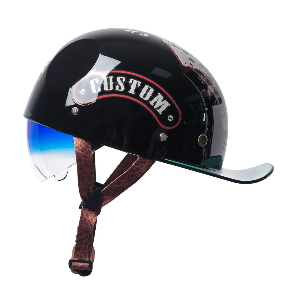 Men's bright black retro half bicycle helmet with integrated gradient blue visor, shown from the side.