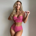 Women's plaid high-waisted bikini swimsuit set in rose red, shown with matching top and briefs.