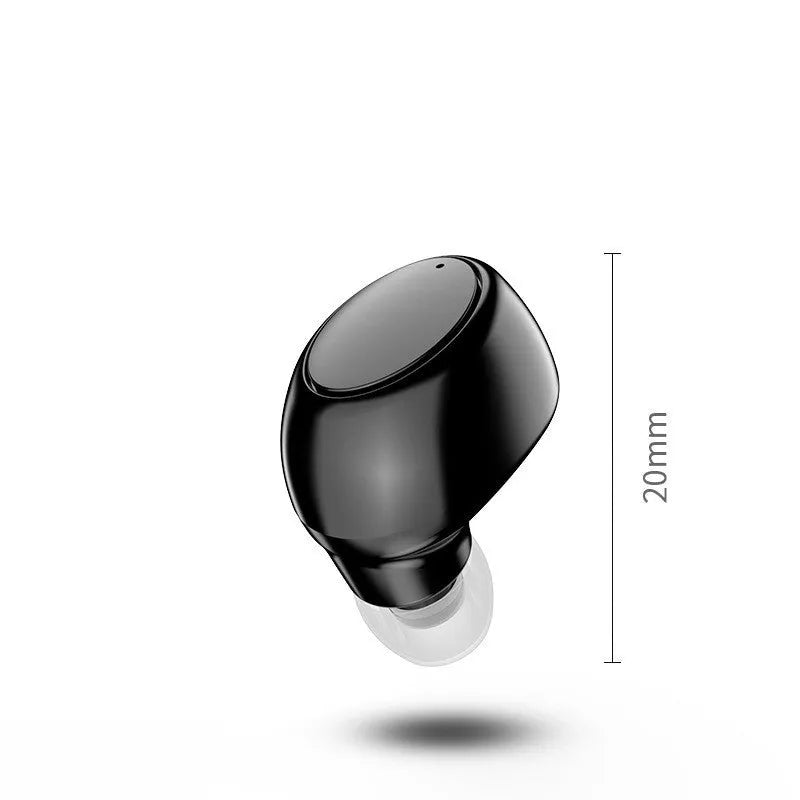 Mini wireless Bluetooth sports in-ear headphones with 8mm copper ring speaker, black earplug style on white background